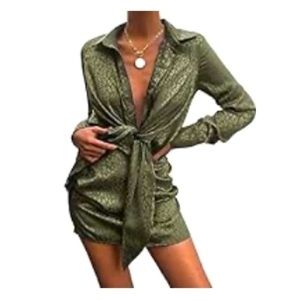 New, Green Leopard Tie Front Dress Large